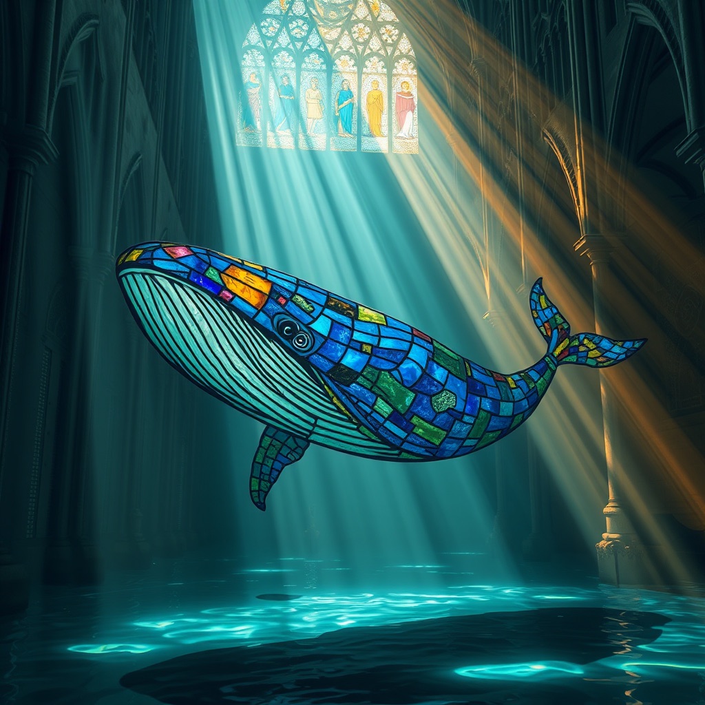 stained-glass whale · flooded cathedral