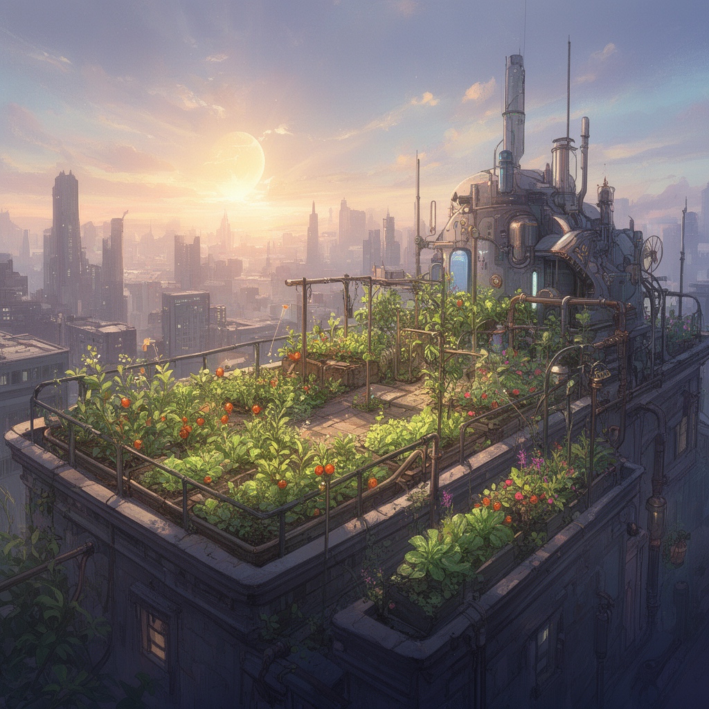 solar-punk rooftop farm · concept art