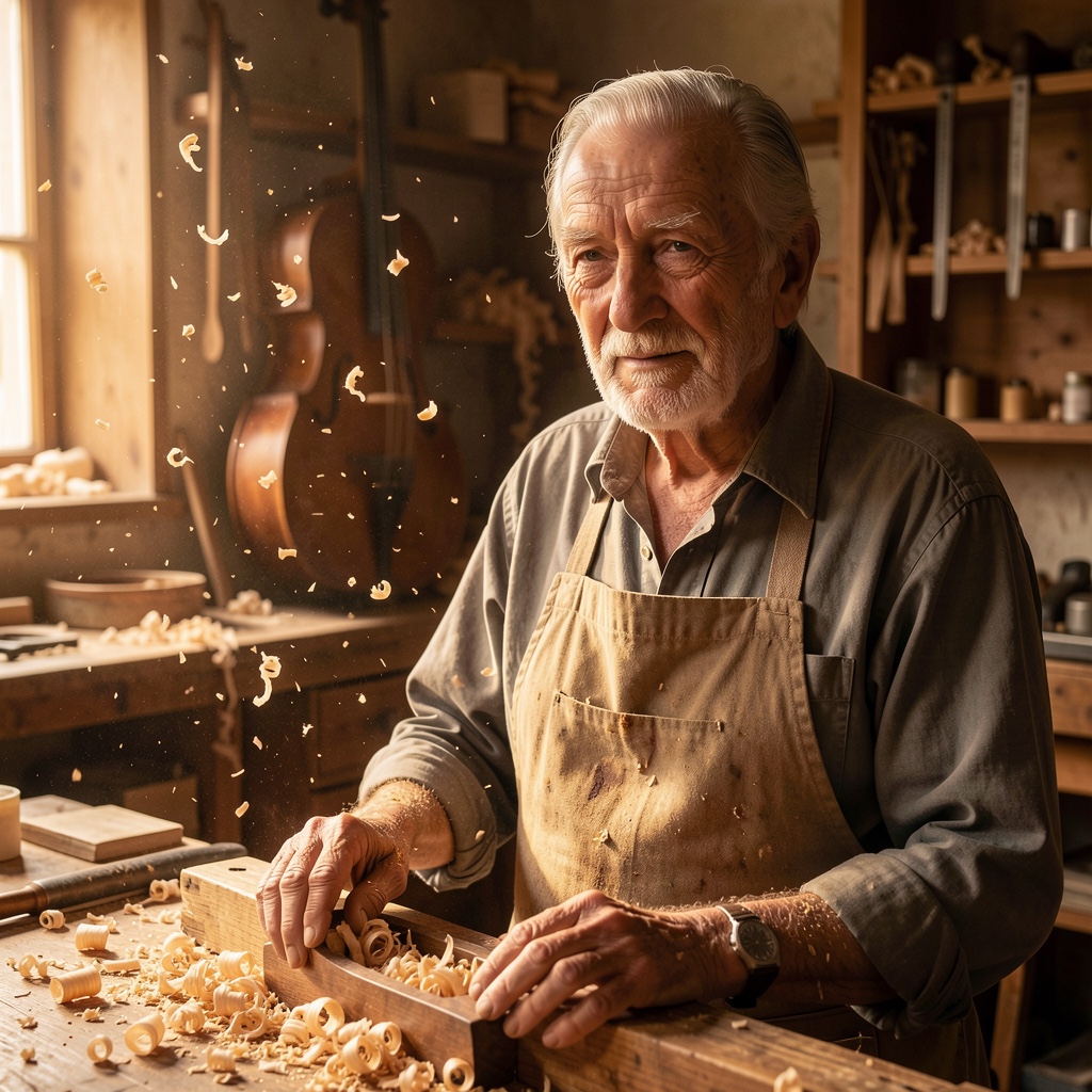 luthier portrait · warm studio light