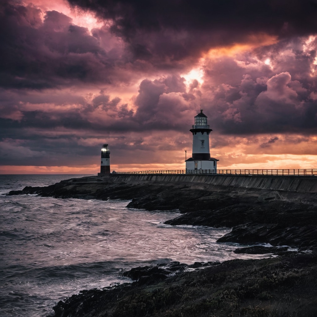 lighthouse at dusk · cinematic