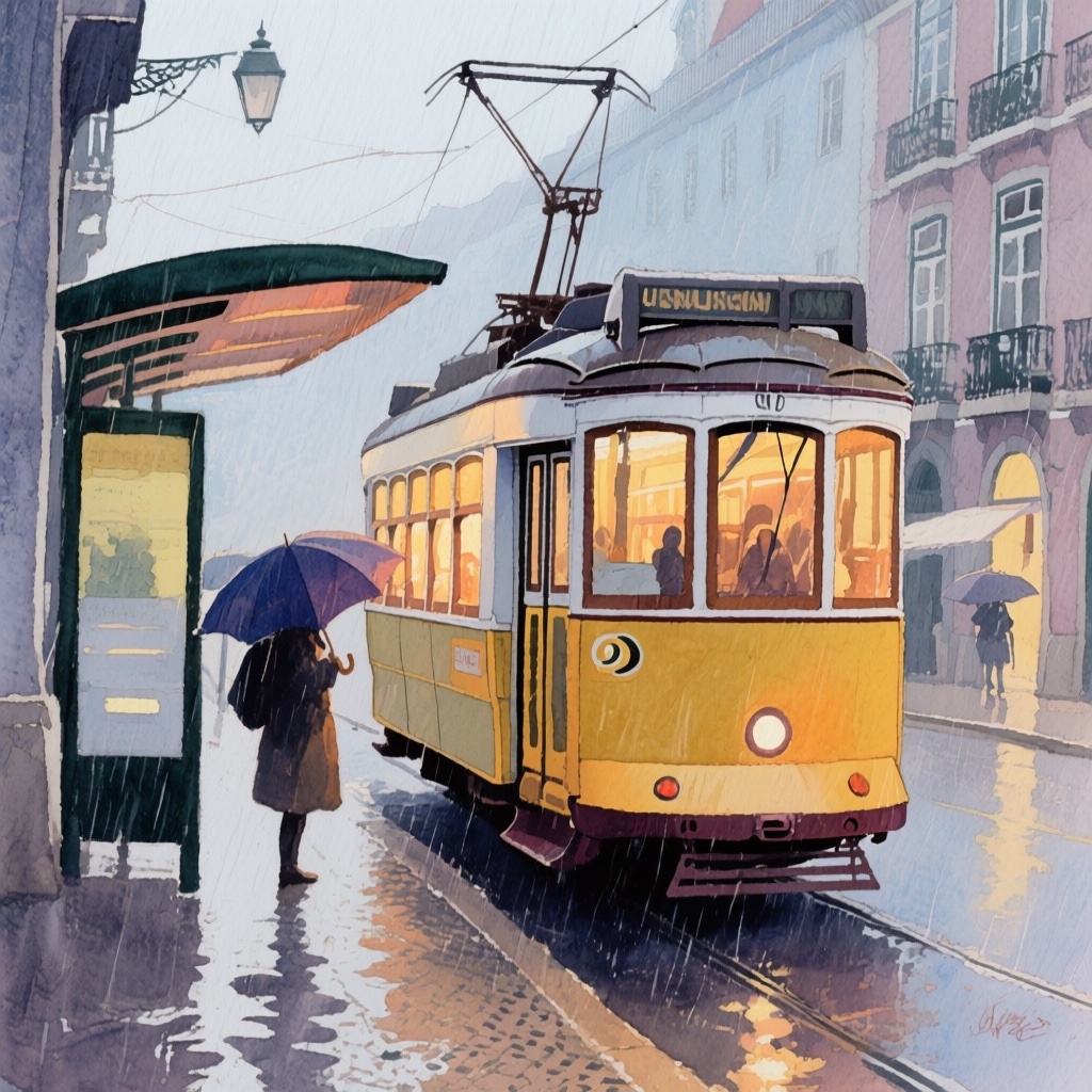 rainy Lisbon tram stop · watercolour