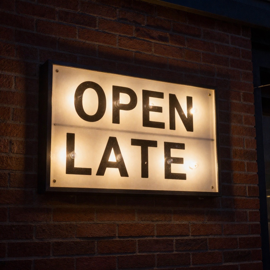 "OPEN LATE" shop sign · text rendering